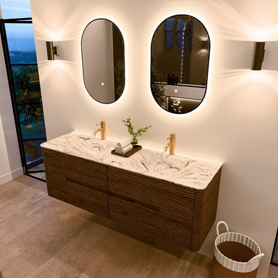 Mondiaz CIRO-DLUX Meuble de salle de bains - 150x45x50cm - Plan vasque solid surface Glace - 2 vasques double - 2 trous de robinetterie - 4 tiroirs - Dusk