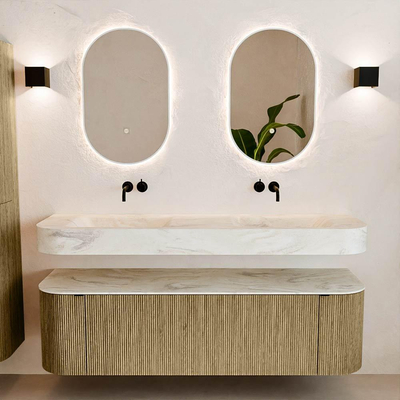 MONDIAZ THOR-DLUX 160cm meuble de salle de bains arrondi gauche + droite couleur Dusk avec 1 tiroir et 2 portes. Vasque suspendue CLOUD Double sans trou de robinet couleur Ostra.