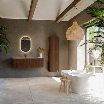 MONDIAZ KURVE-DLUX Meuble de salle de bains 135cm arrondi à droite couleur Walnut avec 1 tiroir et 1 porte. Lavabo BIG MEDIUM gauche 1 trou de robinet Meli.