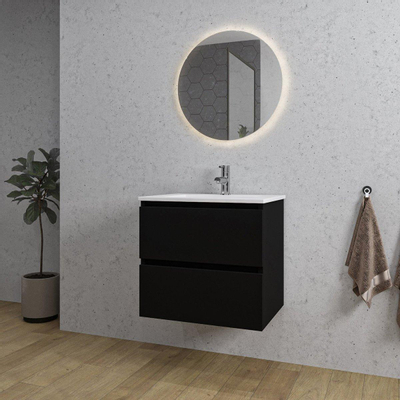 Adema Chaci Ensemble de meuble - 60x46x57cm - 1 vasque en céramique blanche - 1 trou de robinet - 2 tiroirs - miroir rond avec éclairage - noir mat