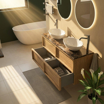 Saniclass Holz Frame Ensemble meuble de salle de bains - 140x45x63cm - Plan de travail en pierre naturelle Noche dark emperador - 2 trous de robinetterie - 4 tiroirs - chêne natural mat (bois)
