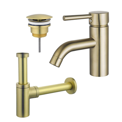 FugaFlow Eccelente Sobrado Kit mitigeur lavabo - robinet bas - bonde nonobturable - siphon design - PVD Laiton brossé