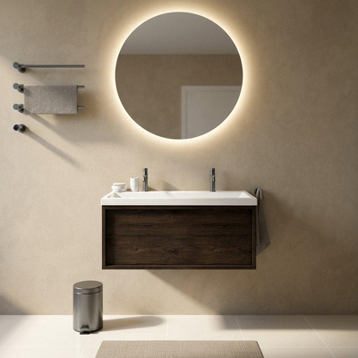 Saniclass Holz Frame Ensemble meuble de salle de bains - 100x45x43.5cm - Lavabo en céramique Bari blanc - 1 vasque - 2 trous de robinetterie - 1 tiroir - chêne charcoal mat (bois)
