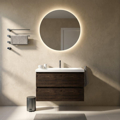 Saniclass Holz Pure Ensemble de meubles de salle de bains - 100x45x63.5cm - Lavabo en céramique Palermo blanc - 1 vasque - 1 trou de robinet - 2 tiroirs - chêne charcoal mat (bois)