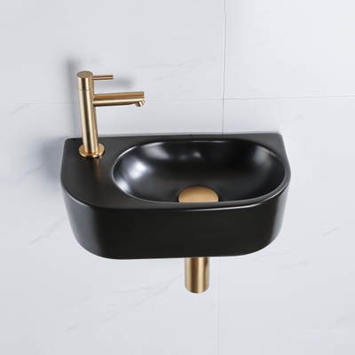 QeramiQ Fuente Fonteinset - 40x21.5x12cm - links - glad - halfrond - 1 kraangat - keramiek - fonteinkraan geborsteld messing - afvoerplug - verlaagd sifon - zwart mat