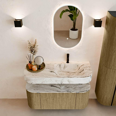 MONDIAZ THOR-DLUX Meuble de salle de bains 110cm arrondi gauche + droite couleur Dusk avec 1 tiroir et 2 portes. Vasque suspendue CLOUD Droite 1 trou de robinet couleur Glace.