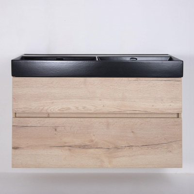 Saniclass Aurora Badmeubelset - 120cm - 2 lades - dubbele wastafel keramiek - zonder kraangat - zwart - roble luz
