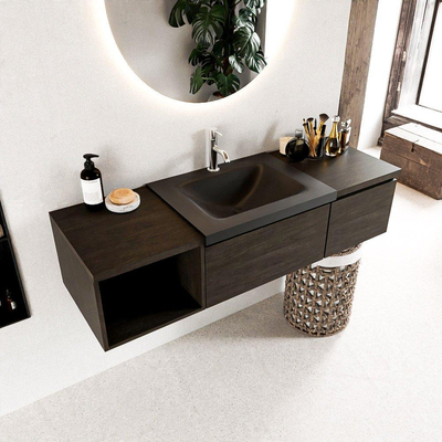 MONDIAZ BUKLA 140cm ensemble de meuble avec module ouvert 40 gauche couleur Marron Foncé avec 2 tiroirs. Lavabo CLOUD droit 1 trou de robinet couleur Urban.