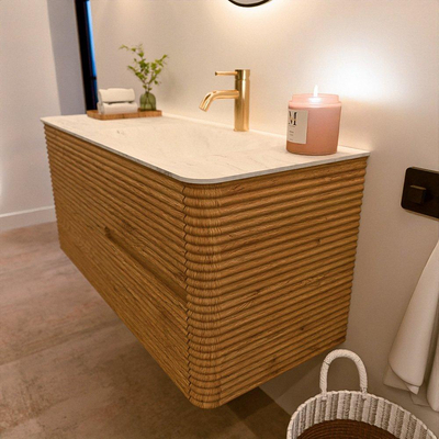 Mondiaz CIRO-DLUX Badkamermeubelset - 110x45x50cm - Solid surface wastafel Opalo - 1 wasbak Rechts - 1 kraangat - 2 lades - Oak