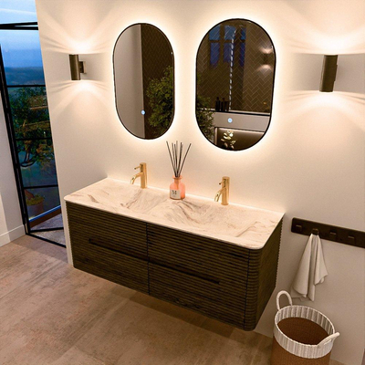 Mondiaz CIRO-DLUX Badkamermeubelset - 130x45x50cm - Solid surface wastafel Frappe - 2 wasbak Dubbel - 2 kraangaten - 4 lades - Shadow