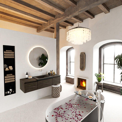 MONDIAZ BUKLA 140cm ensemble de meuble avec module 40 couleur Marron Foncé avec 3 tiroirs. Lavabo CLOUD milieu 0 trous de robinet couleur Urban.