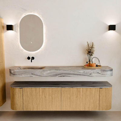 MONDIAZ THOR-DLUX 180cm badmeubel ronding links + rechts kleur Oak met 2 lades en 2 deuren. Vrijhangende wastafel CLOUD Links zonder kraangat kleur Sombra.