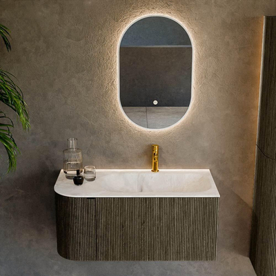 Mondiaz KURVE-DLUX Ensemble de meuble de salle de bains - 95x46x40cm - 1 tiroir - 1 porte - vasque solid surface - droite - 1 trou de robinet - Shadow