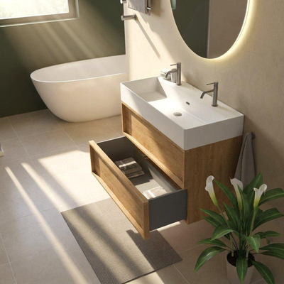 Saniclass Holz Frame Ensemble meuble de salle de bains - 100x45x72cm - vasque Legend en céramique blanc mat - 1 vasque - 2 trous de robinetterie - 2 tiroirs - chêne natural mat (bois)
