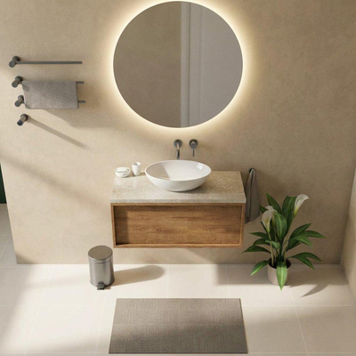 Saniclass Holz Frame Ensemble de meubles de salle de bains - 100x45x43cm - Plan de travail en pierre naturelle travertin - sans trou de robinetterie - 1 tiroir - chêne natural mat (bois)