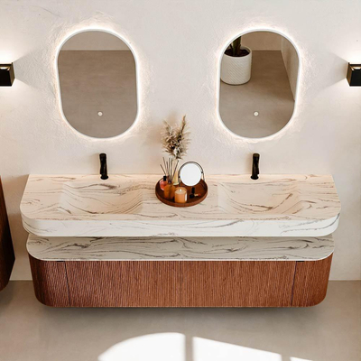 MONDIAZ THOR-DLUX Meuble de salle de bains - 190cm - arrondi gauche + droite - couleur Ruby - 2 tiroirs et 2 portes - Vasque suspendue CLOUD Double 2 trous de robinet - couleur Nata