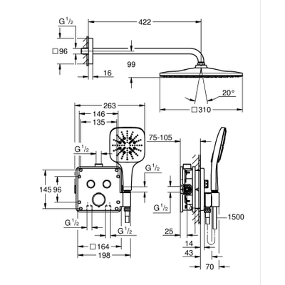 Grohe QuickFix Precision SmartControl Inbouw Douchesysteem - Vitalio Rain Mono 310 Cube hoofddouche - chroom