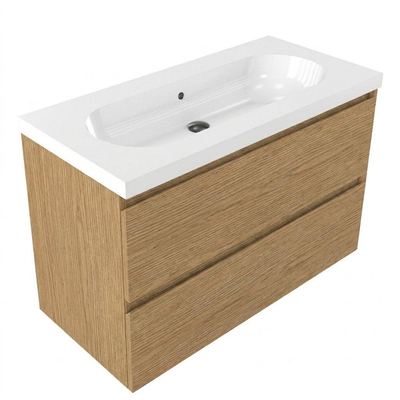Saniclass Holz Pure Ensemble de meubles de salle de bains - 100x45x63.5cm - lavabo en céramique Palermo blanc - 1 vasque - sans trou de robinet - 2 tiroirs - chêne natural mat (bois)