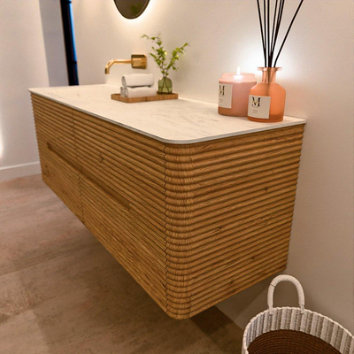 Mondiaz CIRO-DLUX Badkamermeubelset - 140x45x50cm - Solid surface wastafel Opalo - 1 wasbak Links - zonder kraangaten - 4 lades - Oak