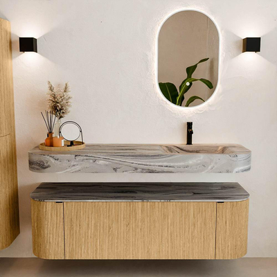 MONDIAZ THOR-DLUX 150cm meuble de salle de bains arrondi gauche + droite couleur Oak avec 1 tiroir et 2 portes. Vasque suspendue CLOUD droite 1 trou de robinet couleur Sombra.