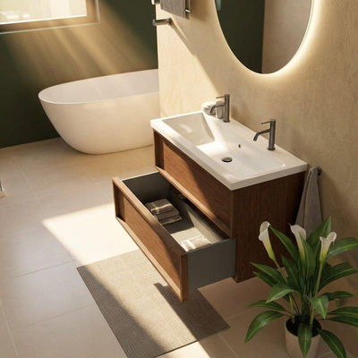 Saniclass Holz Frame Ensemble meuble de salle de bains - 100x45x63.5cm - Lavabo en céramique Bari blanc - 1 vasque - 2 trous de robinetterie - 2 tiroirs - noyer pure mat (bois)
