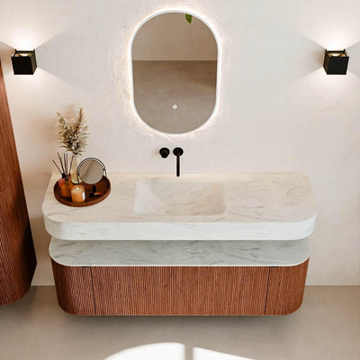 MONDIAZ THOR-DLUX 150cm meuble de salle de bains arrondi gauche + droite couleur Ruby avec 1 tiroir et 2 portes. Vasque suspendue CLOUD Milieu sans trou de robinet couleur Opalo.