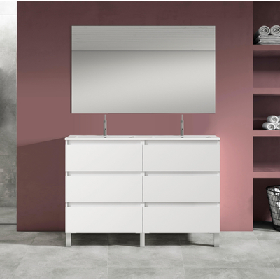 Adema Chaci PLUS Badkamermeubelset - 120x86x46cm - 2 rechthoekige keramische wasbakken wit - 2 kraangaten - 6 lades - rechthoekige spiegel - mat wit