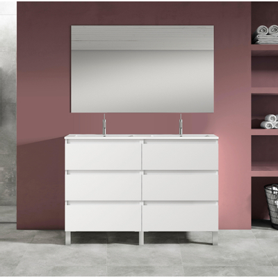 Saniclass Chaci PLUS Meuble de salle de bain - 120x86x46cm - lavabo en céramique blanc - 2 vasques - 2 trous de robinet - 6 tiroirs - miroir rectangulaire - blanc mat