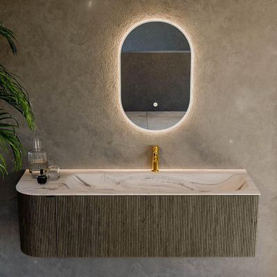 MONDIAZ KURVE-DLUX 145cm badmeubel ronding Links kleur Shadow met 1 lade en 1 deur. Wastafel BIG LARGE Rechts 1 kraangat Nata.
