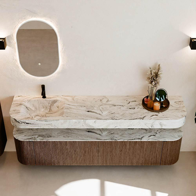 MONDIAZ THOR-DLUX 200cm meuble de salle de bains arrondi gauche + droite couleur Walnut avec 2 tiroirs et 2 portes. Vasque suspendue CLOUD Gauche 1 trou de robinet couleur Glace.