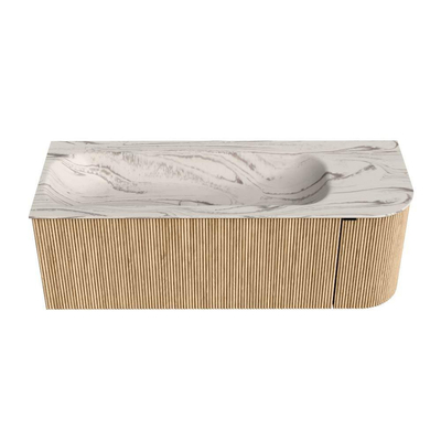 MONDIAZ KURVE-DLUX Meuble de salle de bains 125cm arrondi à droite couleur Oak avec 1 tiroir et 1 porte. Lavabo BIG MEDIUM à gauche 1 trou de robinet Nata.