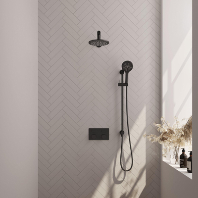 BRAUER Black Carving Douche de pluie thermostatique encastrée - boutons-poussoirs - SET 67 - pomme de douche 20 cm - bras mural droit - douchette 3 jets - flexible de douche - barre de douche intégrée - noir mat