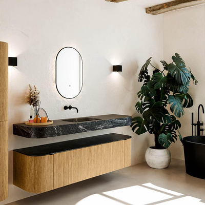 MONDIAZ THOR-DLUX 170cm badmeubel ronding links + rechts kleur Oak met 1 lade en 2 deuren. Vrijhangende wastafel CLOUD Midden zonder kraangat kleur Lava.