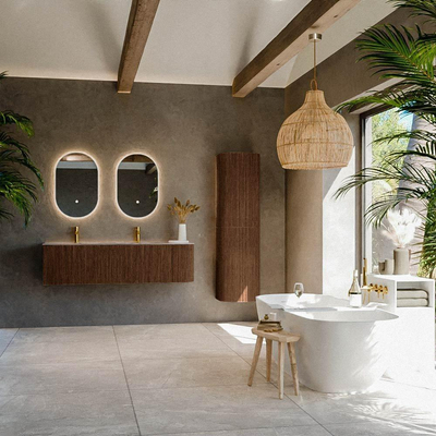 MONDIAZ KURVE-DLUX meuble de salle de bains 155cm arrondi à droite couleur Walnut avec 2 tiroirs et 1 porte. Lavabo LEAF double / gauche 2 trous de robinet Sombra.