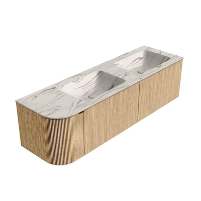 MONDIAZ KURVE-DLUX 155cm badmeubel ronding Links kleur Oak met 2 lades en 1 deur. Wastafel LEAF Dubbel / Rechts 2 kraangaten Nata.