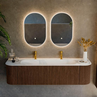 MONDIAZ KURVE 170cm badmeubel met module 25 Len R kleur Walnut met 1 lade en 2 deuren. Wastafel BIG LARGE midden 2 kraangaten Talc.