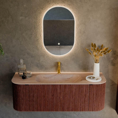 MONDIAZ KURVE-DLUX 130cm badmeubel ronding Links + Rechts kleur Ruby met 1 lade en 2 deuren. Wastafel BIG SMALL Midden 1 kraangat Saba.