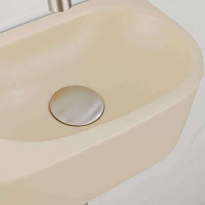 QeramiQ Fuente Fonteinset - 40x21.5x12cm - glad - halfrond - zonder kraangat - keramiek - fonteinkraan geborsteld rvs - afvoerplug - verlaagd sifon - beige