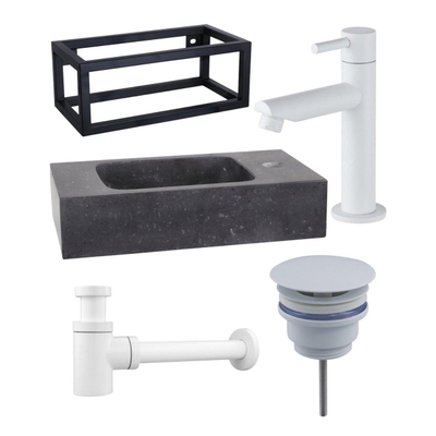 FugaFlow Eccelente Pietra ensemble de lavabo - 40x22x24,5cm - 1 trou de robinet - pierre naturelle - cadre noir - robinet de lavabo blanc mat - noir