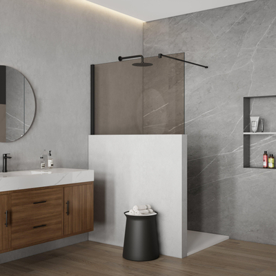 FugaFlow Eccelente Vetro Douche à l’italienne mi-hauteur - 140x80cm - verre fumé - 8mm - nano - avec profilé et barre de stabilisation - Noir mat