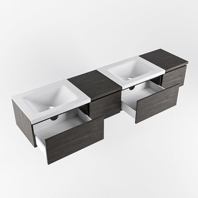 MONDIAZ BUKLA 200cm ensemble de meuble avec module 40 gauche couleur Marron Foncé avec 4 tiroirs. Lavabo CLOUD double 0 trou de robinet couleur Talc.