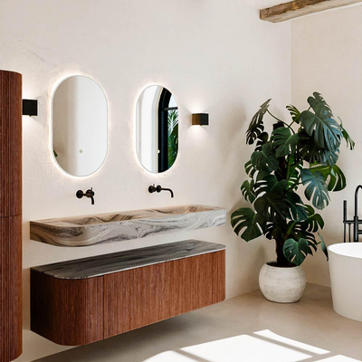 MONDIAZ THOR-DLUX 150cm meuble de salle de bains arrondi gauche + droite couleur Ruby avec 1 tiroir et 2 portes. Vasque suspendue CLOUD Double sans trou de robinet couleur Sombra.