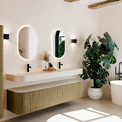 MONDIAZ THOR-DLUX 190cm meuble de salle de bains arrondi gauche + droite couleur Dusk avec 2 tiroirs et 2 portes. Vasque suspendue CLOUD Double 2 trous de robinet couleur Meli.