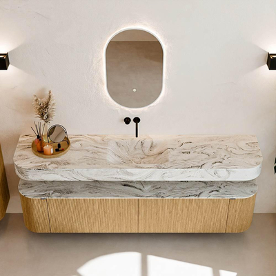 MONDIAZ THOR-DLUX 200cm meuble de salle de bains arrondi gauche + droite couleur Oak avec 2 tiroirs et 2 portes. Vasque suspendue CLOUD Milieu sans trou de robinet couleur Glace.