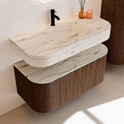 MONDIAZ THOR-DLUX 100cm badmeubel ronding links + rechts kleur Walnut met 1 lade en 2 deuren. Vrijhangende wastafel CLOUD Midden 1 kraangat kleur Nata.