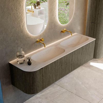 MONDIAZ KURVE-DLUX 165cm meuble de salle de bains arrondi gauche couleur Shadow avec 2 tiroirs et 1 porte. Lavabo STOR SMALL Double / Droite sans trou de robinet Meli.