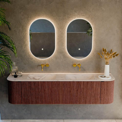 MONDIAZ KURVE-DLUX meuble de salle de bains 180cm arrondi Gauche + Droite couleur Ruby avec 2 tiroirs et 2 portes. Vasque LEAF Double sans trou de robinet Nata.