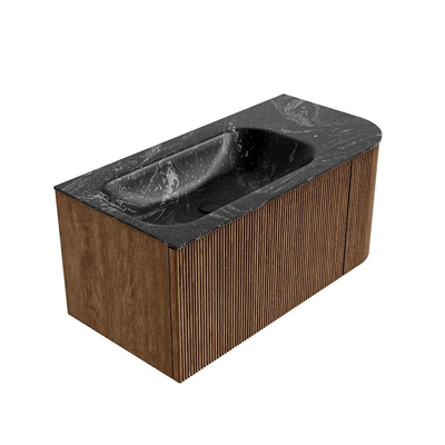 MONDIAZ KURVE-DLUX 95cm Meuble salle de bain avec module 25 D - couleur Walnut - 1 tiroir - 1 porte - vasque BIG SMALL gauche - 1 trou de robinet - couleur Lava