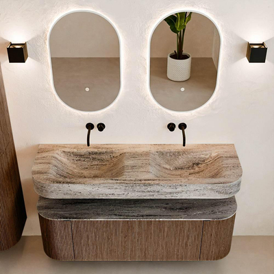 MONDIAZ THOR-DLUX 140cm badmeubel ronding links + rechts kleur Walnut met 1 lade en 2 deuren. Vrijhangende wastafel CLOUD Dubbel zonder kraangat kleur Oza.