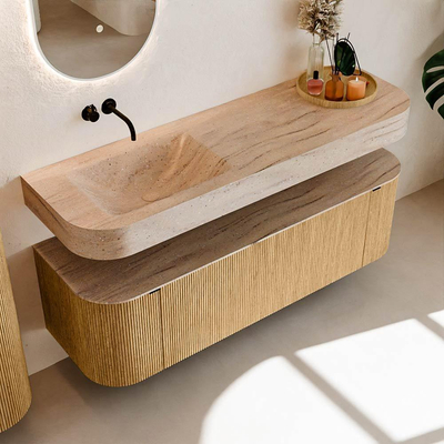 MONDIAZ THOR-DLUX 150cm badmeubel ronding links + rechts kleur Oak met 1 lade en 2 deuren. Vrijhangende wastafel CLOUD Links zonder kraangat kleur Saba.